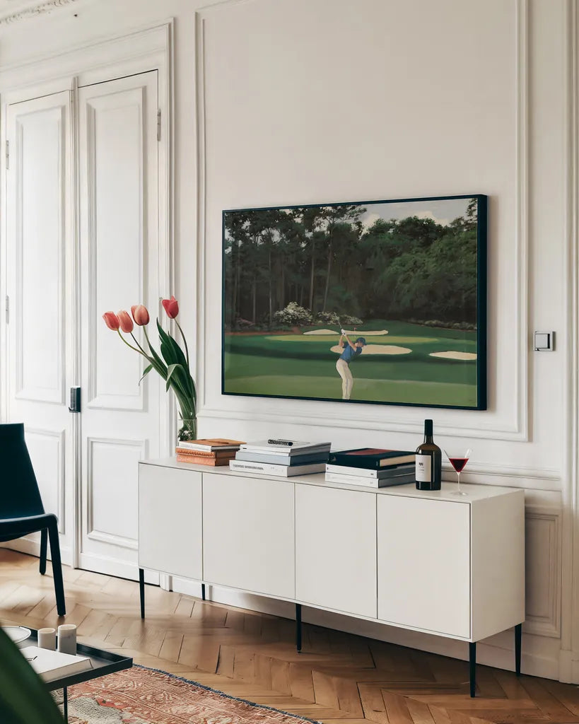The Fairway I by Wellington Studio. shown as a framed stretched canvas in a living room above a console. Available as a archival giclee rolled canvas, fine art paper, or poster print. SKU 99416i.