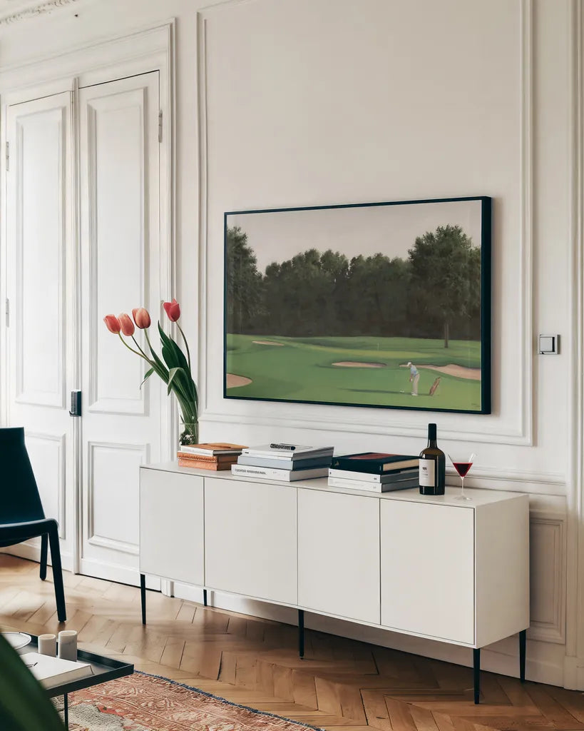The Fairway II by Wellington Studio. shown as a framed stretched canvas in a living room above a console. Available as a archival giclee rolled canvas, fine art paper, or poster print. SKU 99417i.