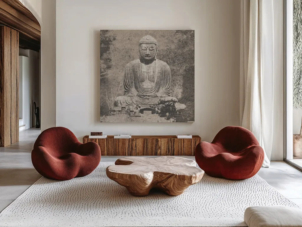 Asian Buddha Crop Neutral by Wild Apple Portfolio. Shown as extra-large giant wall art in a modern living room. Available as an archival giclee rolled canvas, fine art paper, or poster print. SKU 30793a.