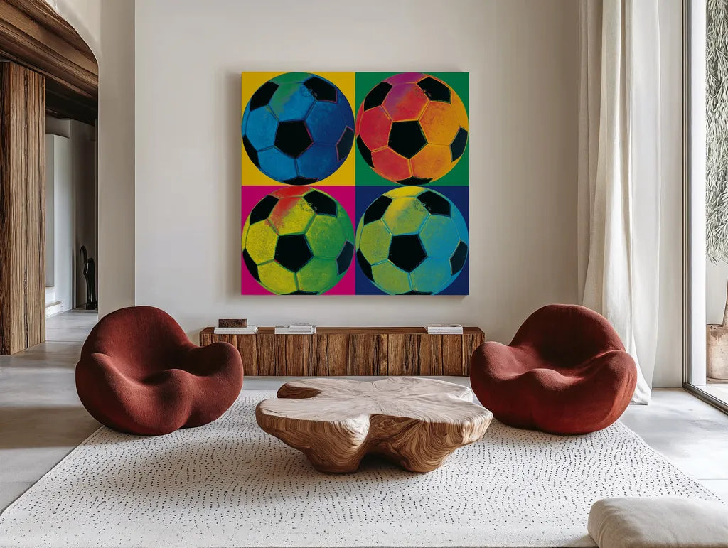 Ball Four - Soccer by Wild Apple Portfolio. Shown as extra-large giant wall art in a modern living room. Available as an archival giclee rolled canvas, fine art paper, or poster print. SKU 59234a.
