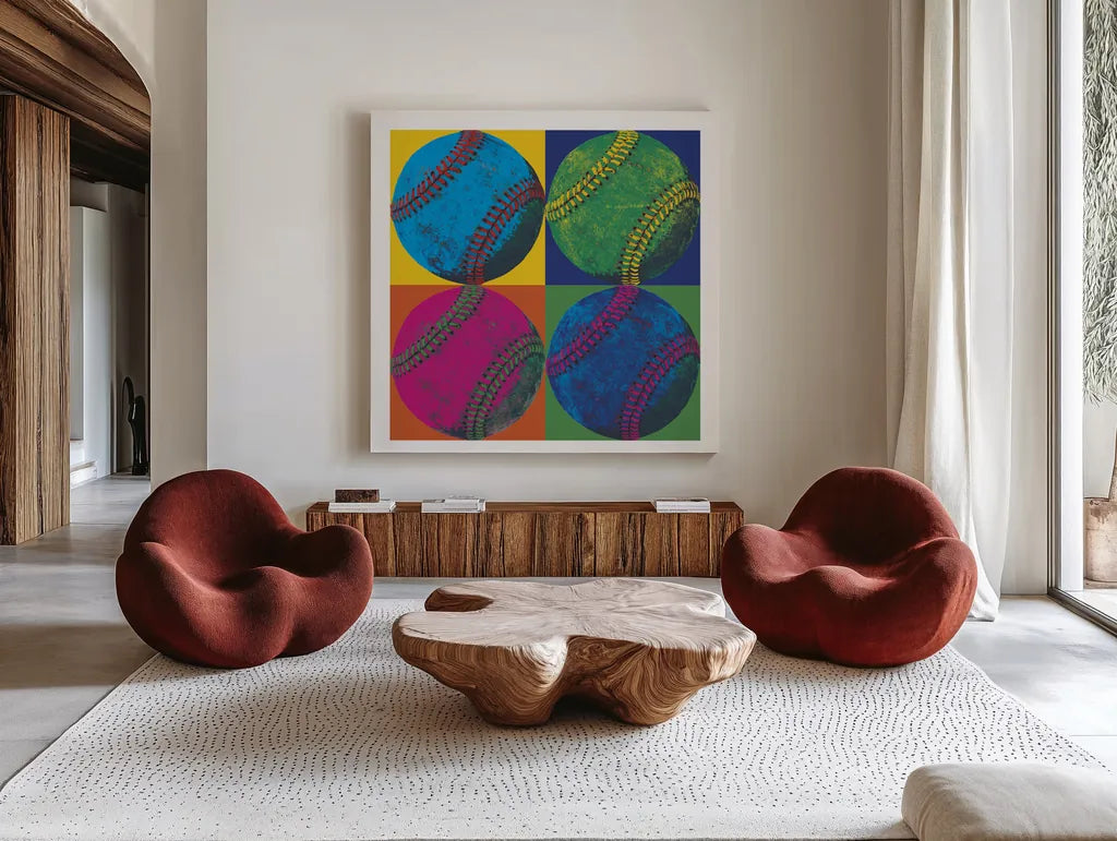 Ball Four Baseball by Wild Apple Portfolio. Shown as extra-large giant wall art in a modern living room. Available as an archival giclee rolled canvas, fine art paper, or poster print. SKU 9870a.