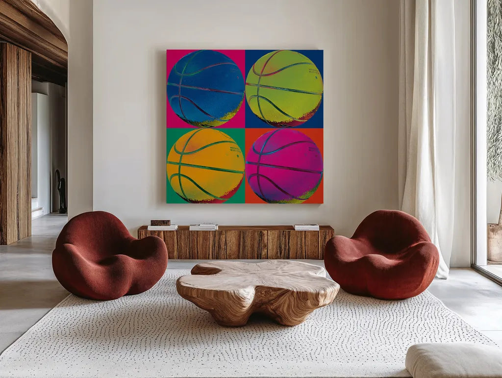 Ball Four Basketball by Wild Apple Portfolio. Shown as extra-large giant wall art in a modern living room. Available as an archival giclee rolled canvas, fine art paper, or poster print. SKU 59235a.