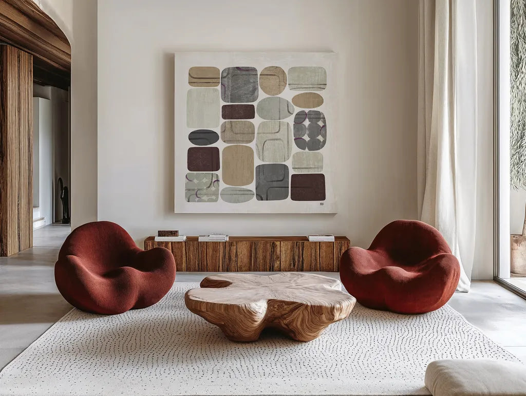 Beans I Neutral by Wild Apple Portfolio. Shown as extra-large giant wall art in a modern living room. Available as an archival giclee rolled canvas, fine art paper, or poster print. SKU 18209a.