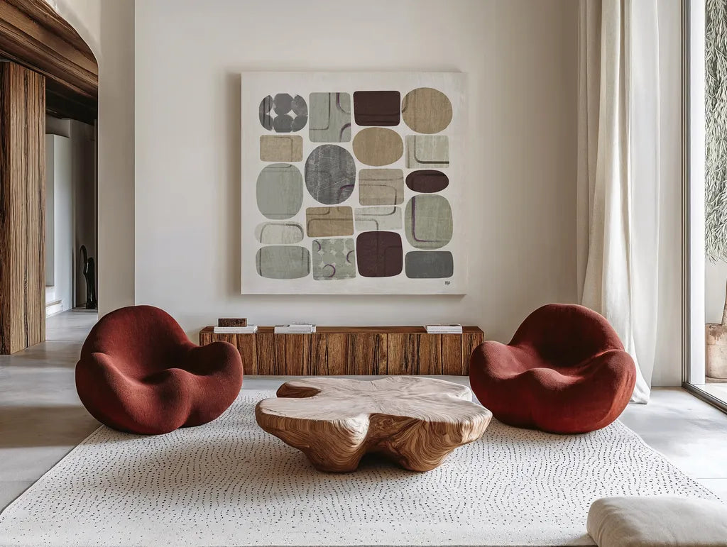 Beans II Neutral by Wild Apple Portfolio. Shown as extra-large giant wall art in a modern living room. Available as an archival giclee rolled canvas, fine art paper, or poster print. SKU 18210a.