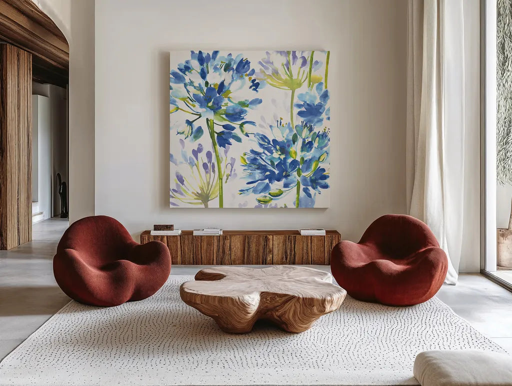 Blue Medley III by Wild Apple Portfolio. Shown as extra-large giant wall art in a modern living room. Available as an archival giclee rolled canvas, fine art paper, or poster print. SKU 13258a.