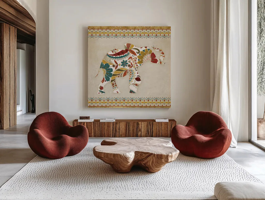 Boho Elephant I by Wild Apple Portfolio. Shown as extra-large giant wall art in a modern living room. Available as an archival giclee rolled canvas, fine art paper, or poster print. SKU 21965a.