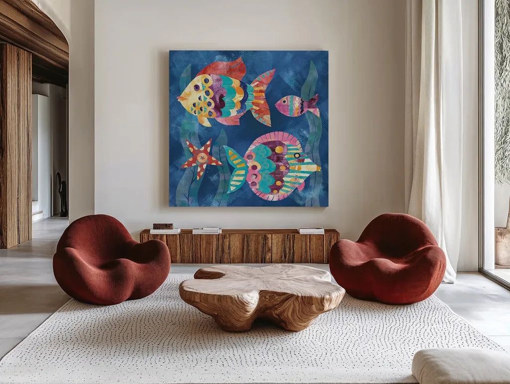 Boho Reef Fish II by Wild Apple Portfolio. Shown as extra-large giant wall art in a modern living room. Available as an archival giclee rolled canvas, fine art paper, or poster print. SKU 27596a.