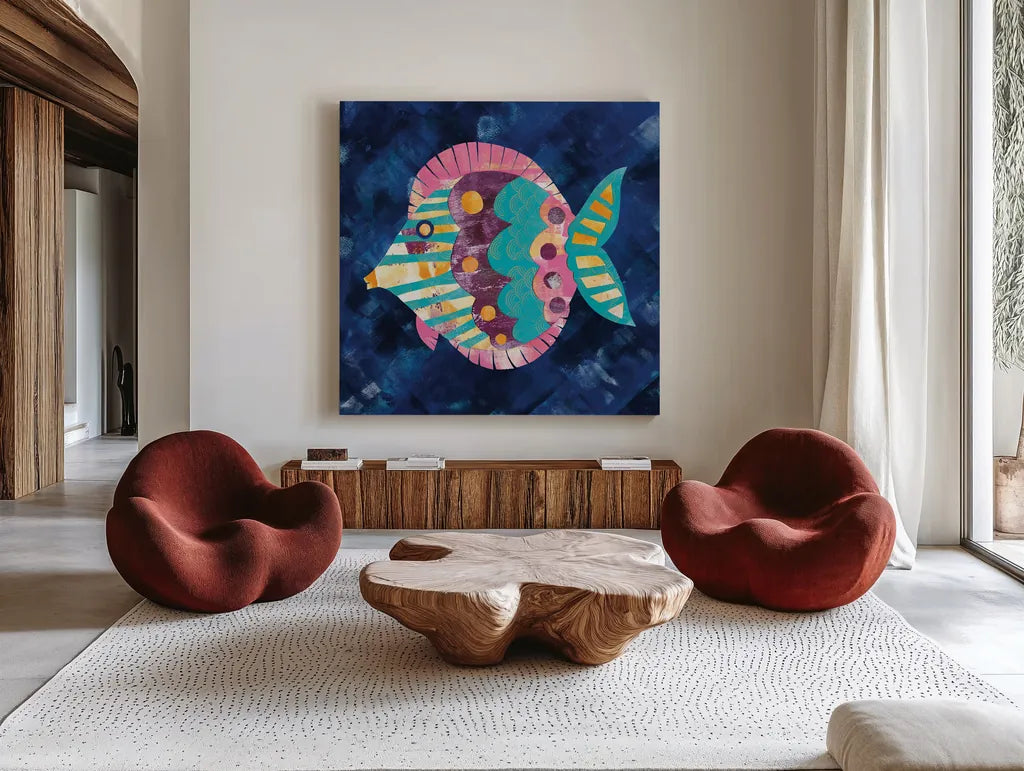 Boho Reef IV by Wild Apple Portfolio. Shown as extra-large giant wall art in a modern living room. Available as an archival giclee rolled canvas, fine art paper, or poster print. SKU 27373a.