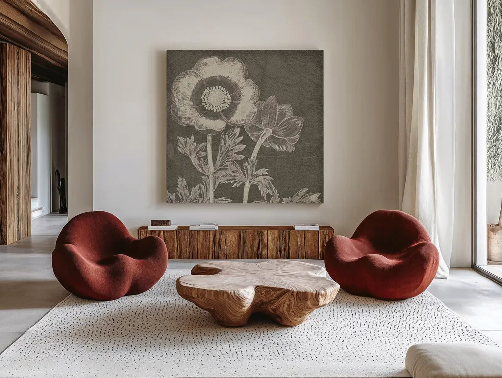 Botanical Beauty Chalk Square II by Wild Apple Portfolio. Shown as extra-large giant wall art in a modern living room. Available as an archival giclee rolled canvas, fine art paper, or poster print. SKU 14966a.