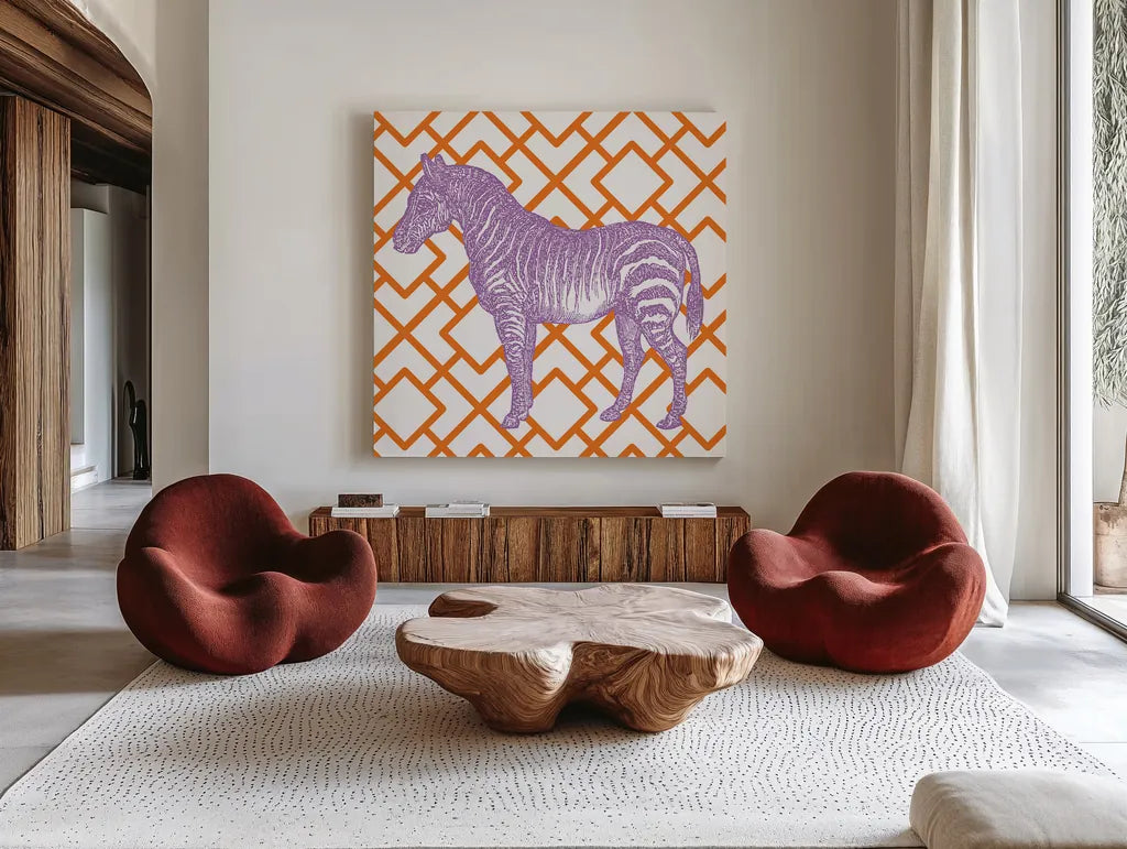 Bright Menagerie Zebra by Wild Apple Portfolio. Shown as extra-large giant wall art in a modern living room. Available as an archival giclee rolled canvas, fine art paper, or poster print. SKU 25687a.