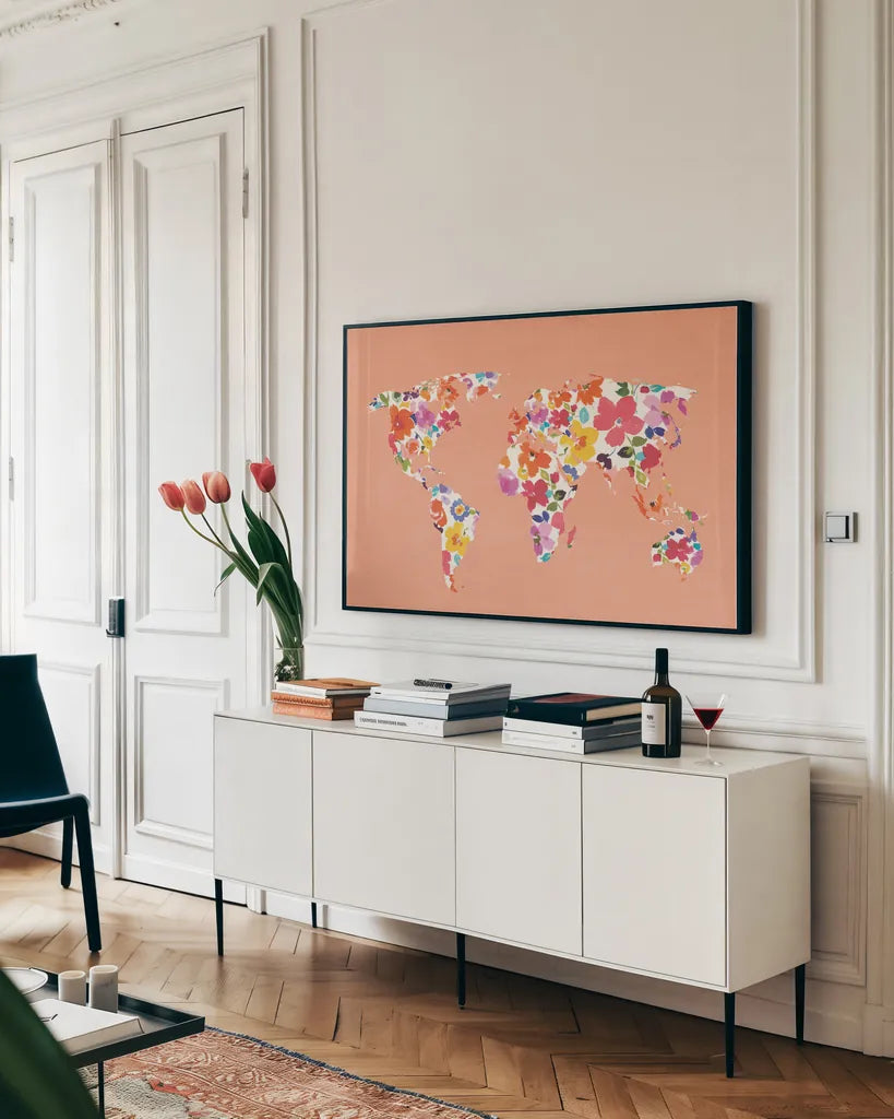 Bright World - No Words Peach by Wild Apple Portfolio. shown as a framed stretched canvas in a living room above a console. Available as a archival giclee rolled canvas, fine art paper, or poster print. SKU 47201i.