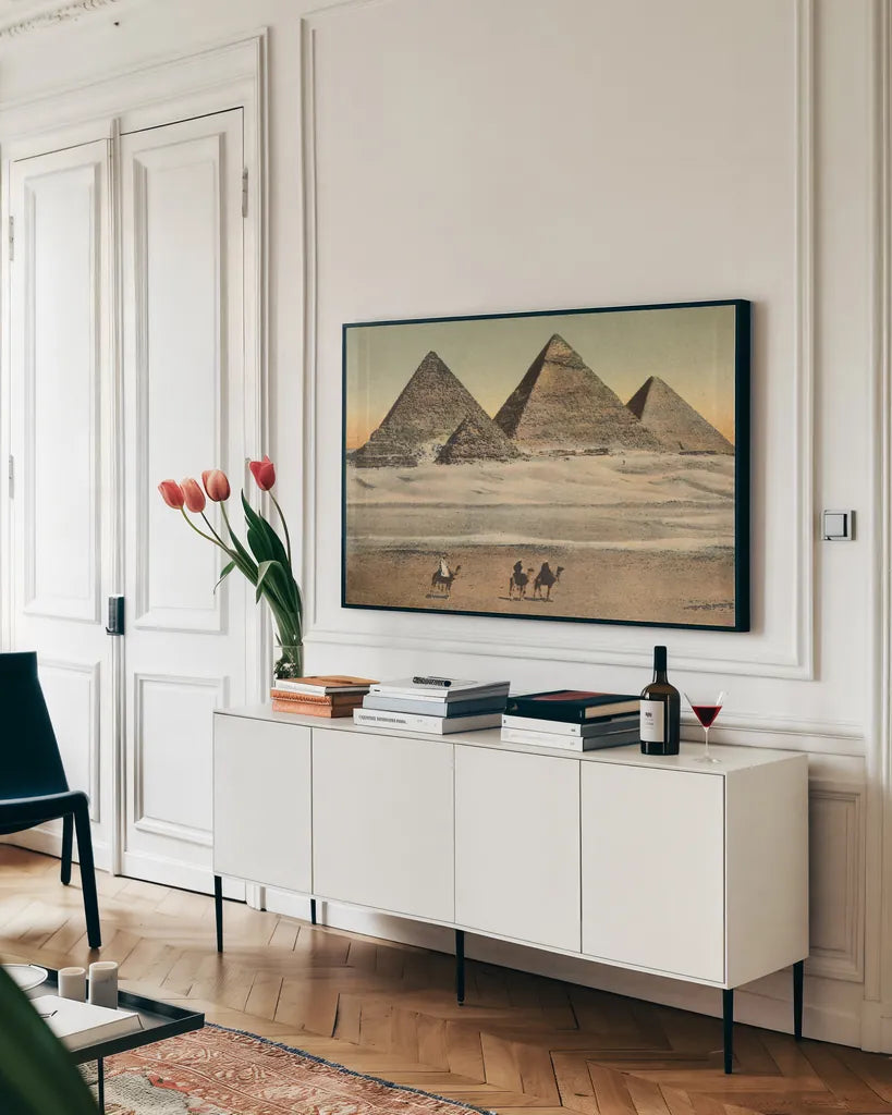 Cairo Pyramids by Wild Apple Portfolio. shown as a framed stretched canvas in a living room above a console. Available as a archival giclee rolled canvas, fine art paper, or poster print. SKU 71206i.