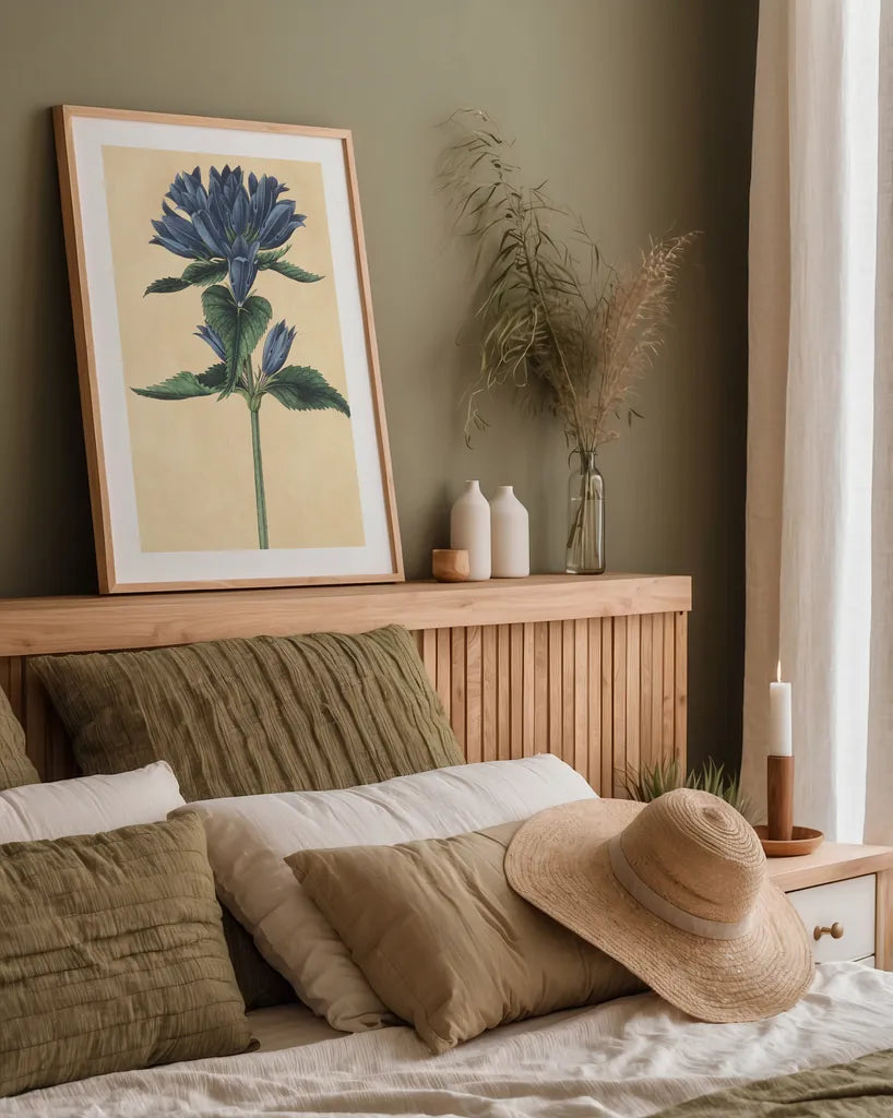 Campanula Vintage by Wild Apple Portfolio. shown as a paper print in a natural frame. Available as a archival giclee rolled canvas, fine art paper, or poster print. SKU 45390h.