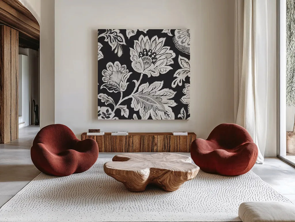 Ceylon Gardens V BW by Wild Apple Portfolio. Shown as extra-large giant wall art in a modern living room. Available as an archival giclee rolled canvas, fine art paper, or poster print. SKU 75655a.