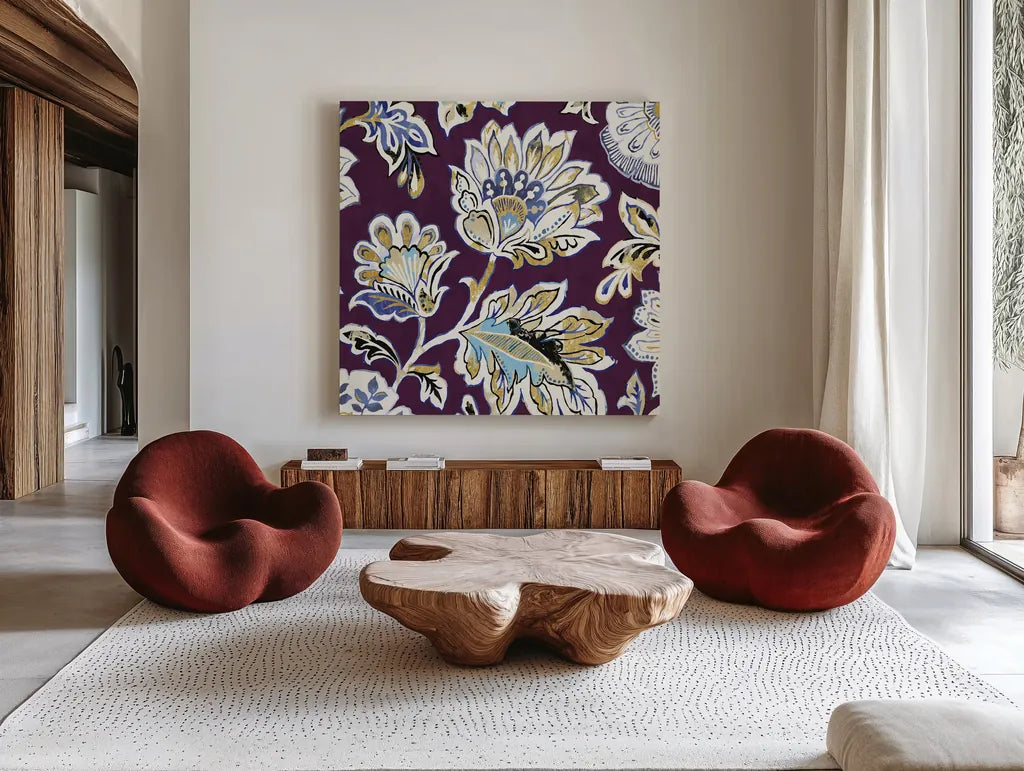 Ceylon Gardens V Plum by Wild Apple Portfolio. Shown as extra-large giant wall art in a modern living room. Available as an archival giclee rolled canvas, fine art paper, or poster print. SKU 65148a.