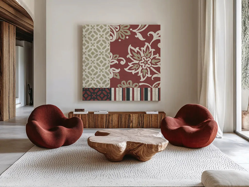 Chatsworth Marsala I by Wild Apple Portfolio. Shown as extra-large giant wall art in a modern living room. Available as an archival giclee rolled canvas, fine art paper, or poster print. SKU 41702a.