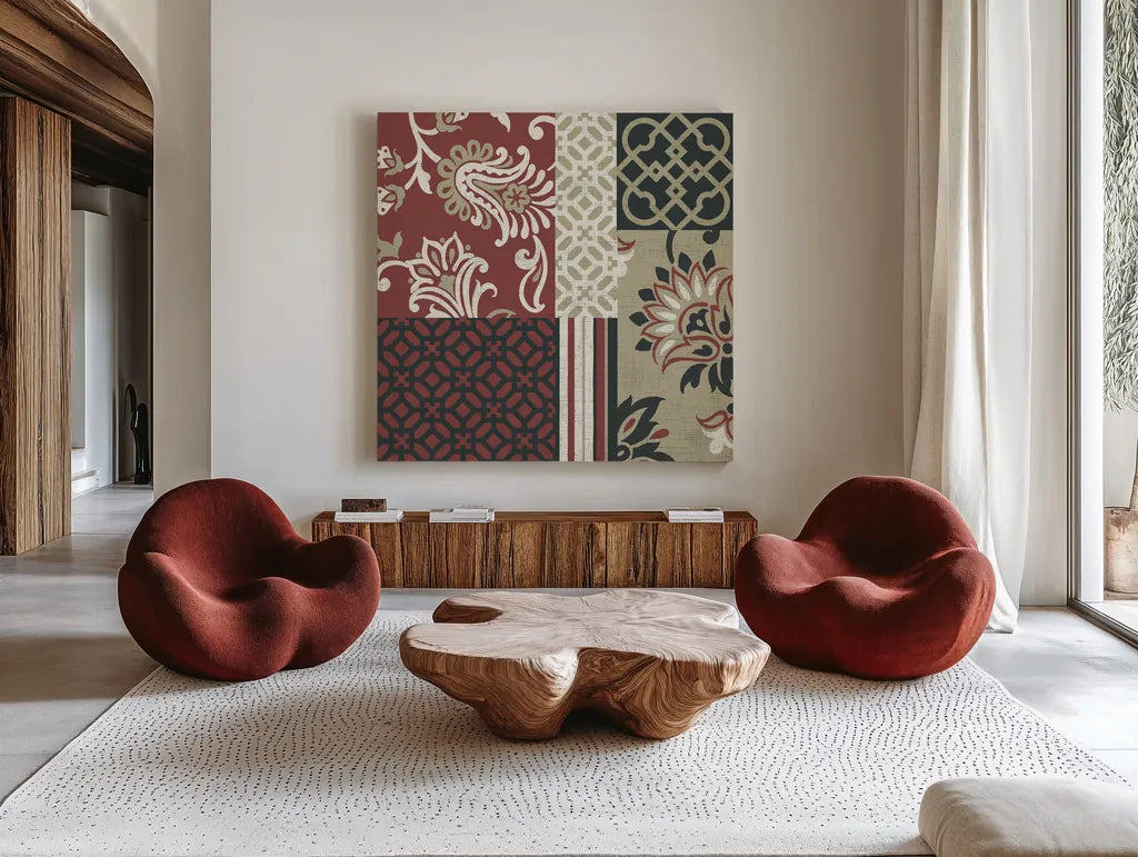 Chatsworth Marsala III by Wild Apple Portfolio. Shown as extra-large giant wall art in a modern living room. Available as an archival giclee rolled canvas, fine art paper, or poster print. SKU 41704a.