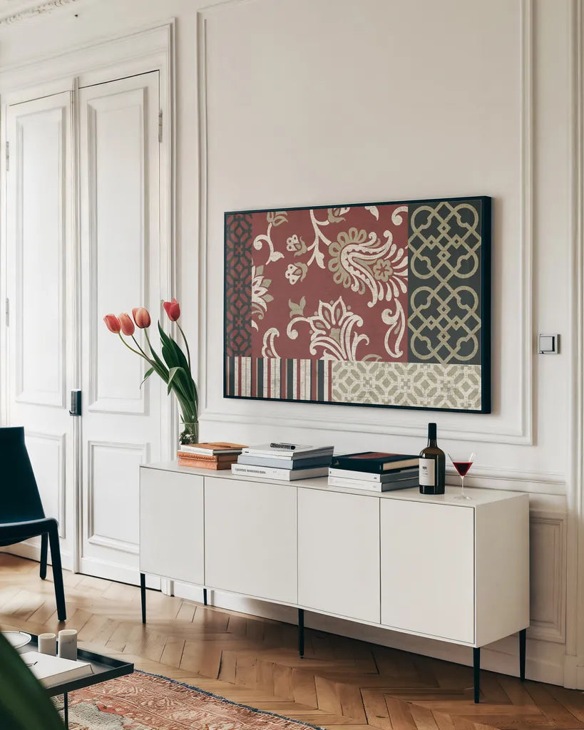 Chatsworth Marsala IV by Wild Apple Portfolio. shown as a framed stretched canvas in a living room above a console. Available as a archival giclee rolled canvas, fine art paper, or poster print. SKU 94193i.