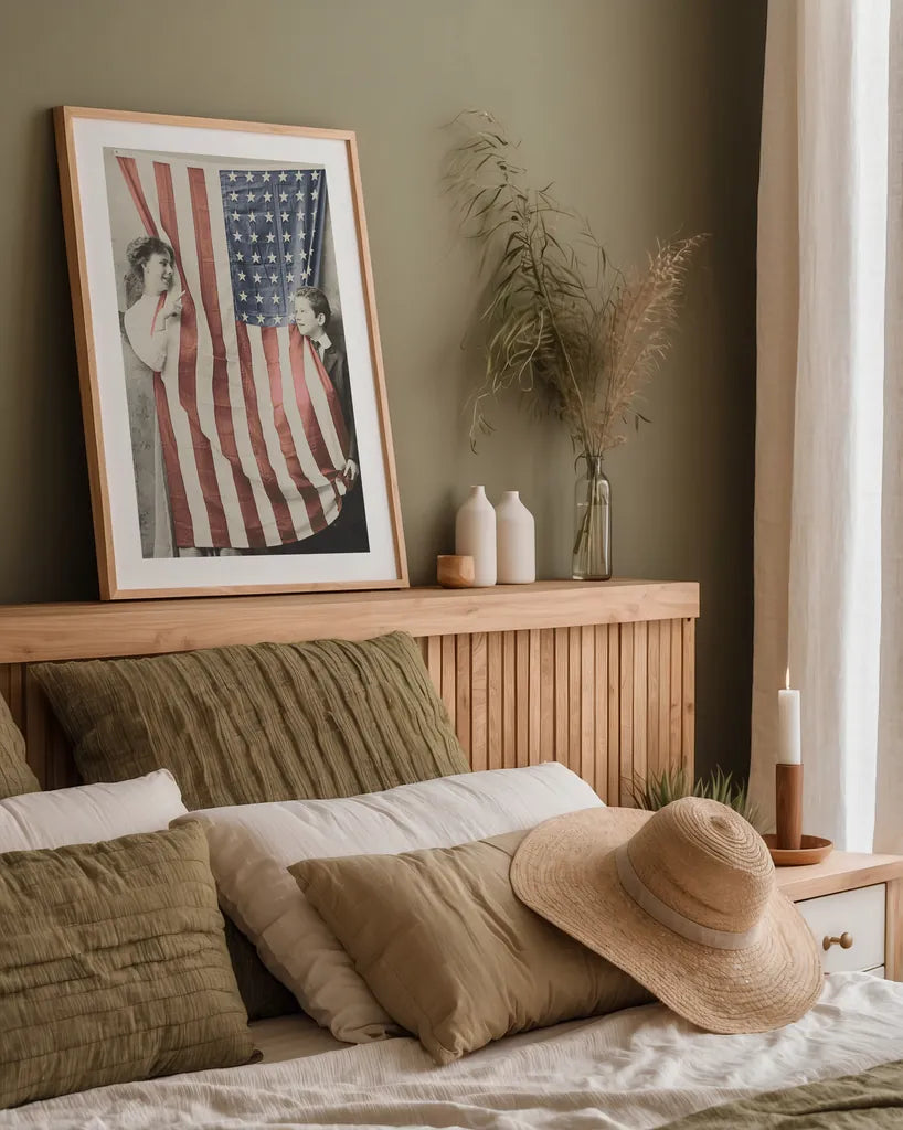 Children With American Flag by Wild Apple Portfolio. shown as a paper print in a natural frame. Available as a archival giclee rolled canvas, fine art paper, or poster print. SKU 99050h.