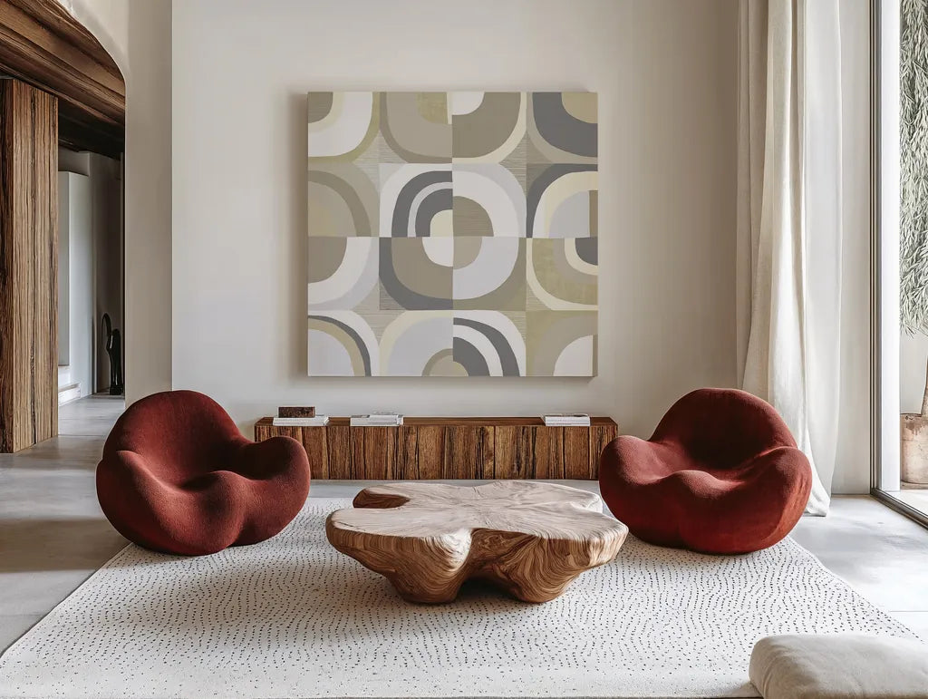 Circle Quartet Achroma by Wild Apple Portfolio. Shown as extra-large giant wall art in a modern living room. Available as an archival giclee rolled canvas, fine art paper, or poster print. SKU 30006a.