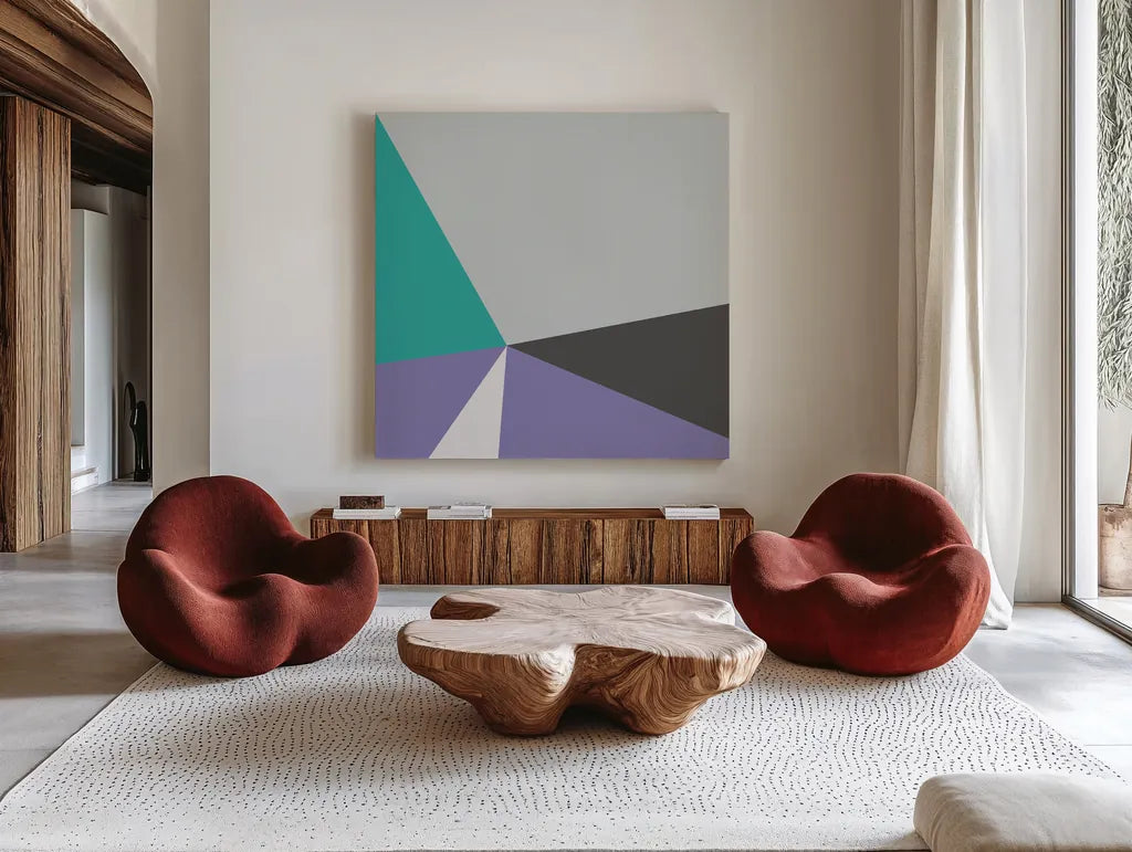 Color Block I Bright by Wild Apple Portfolio. Shown as extra-large giant wall art in a modern living room. Available as an archival giclee rolled canvas, fine art paper, or poster print. SKU 52643a.