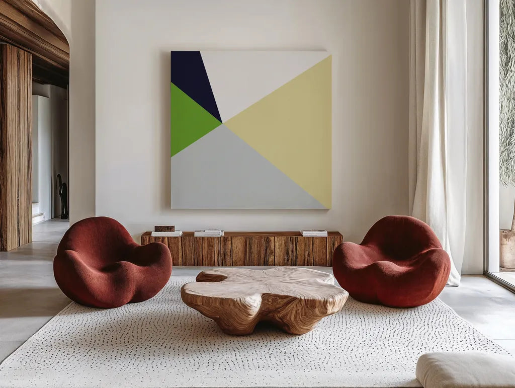 Color Block II Bright by Wild Apple Portfolio. Shown as extra-large giant wall art in a modern living room. Available as an archival giclee rolled canvas, fine art paper, or poster print. SKU 52644a.