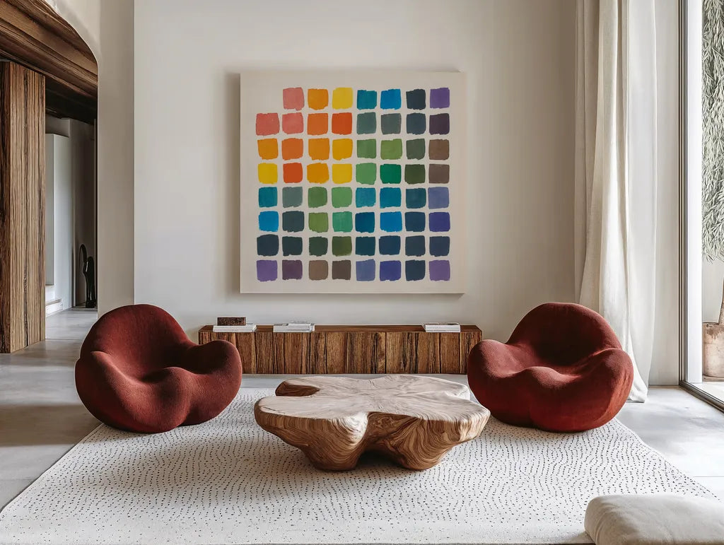 Color Chart by Wild Apple Portfolio. Shown as extra-large giant wall art in a modern living room. Available as an archival giclee rolled canvas, fine art paper, or poster print. SKU 74151a.