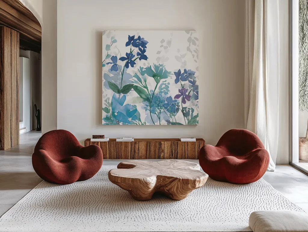 Colors of the Garden II Cool Shadows by Wild Apple Portfolio. Shown as extra-large giant wall art in a modern living room. Available as an archival giclee rolled canvas, fine art paper, or poster print. SKU 36009a.