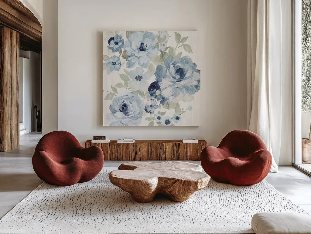 Driftwood Garden II Blue Crop by Wild Apple Portfolio. Shown as extra-large giant wall art in a modern living room. Available as an archival giclee rolled canvas, fine art paper, or poster print. SKU 56486a.