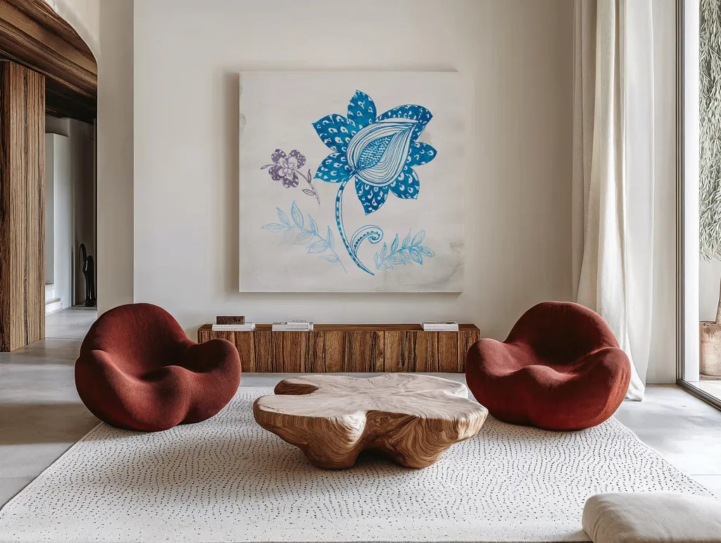 Eastern Boho I Peacock Blue by Wild Apple Portfolio. Shown as extra-large giant wall art in a modern living room. Available as an archival giclee rolled canvas, fine art paper, or poster print. SKU 37977a.