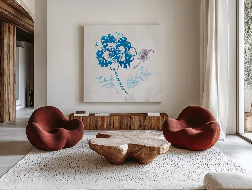 Eastern Boho III Peacock Blue by Wild Apple Portfolio. Shown as extra-large giant wall art in a modern living room. Available as an archival giclee rolled canvas, fine art paper, or poster print. SKU 37979a.