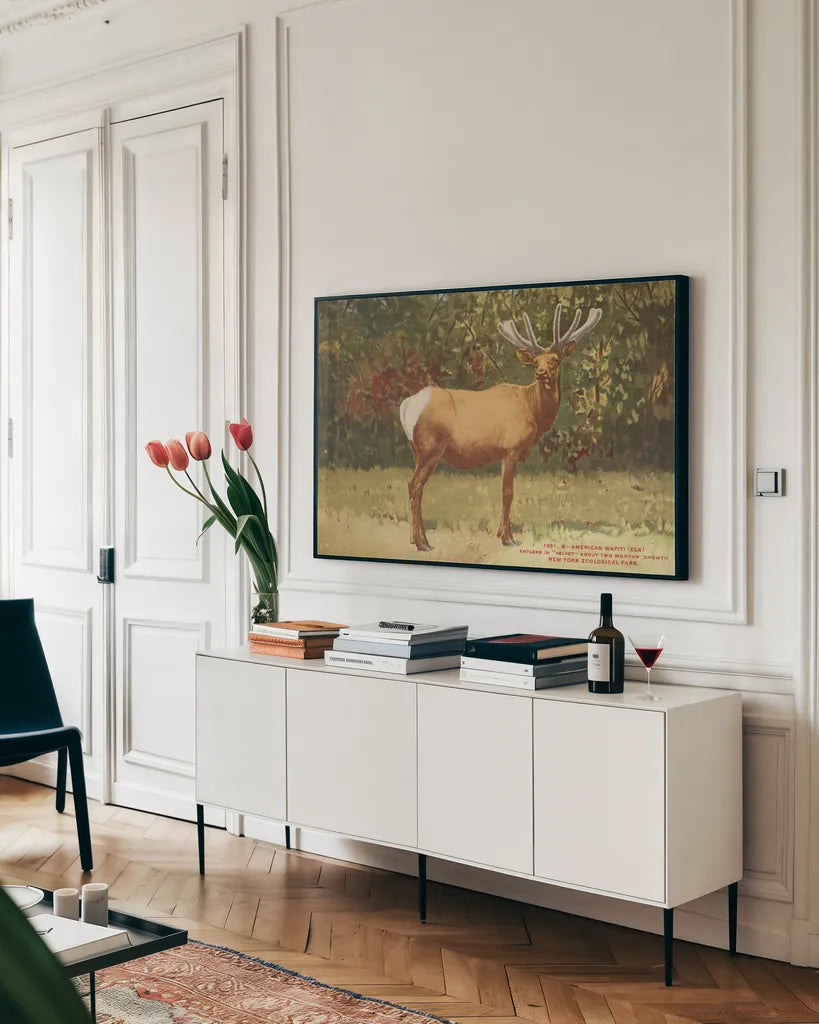 Elk II by Wild Apple Portfolio. shown as a framed stretched canvas in a living room above a console. Available as a archival giclee rolled canvas, fine art paper, or poster print. SKU 96707i.
