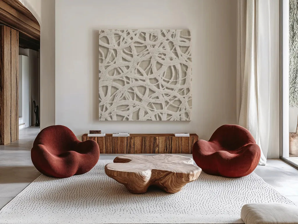 Endless Circles Front Linen by Wild Apple Portfolio. Shown as extra-large giant wall art in a modern living room. Available as an archival giclee rolled canvas, fine art paper, or poster print. SKU 52850a.