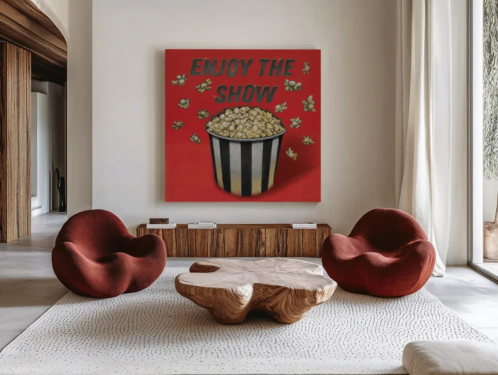 Enjoy the Show Red by Wild Apple Portfolio. Shown as extra-large giant wall art in a modern living room. Available as an archival giclee rolled canvas, fine art paper, or poster print. SKU 52831a.