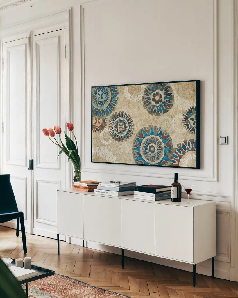 Floral Suzani Cascade by Wild Apple Portfolio. shown as a framed stretched canvas in a living room above a console. Available as a archival giclee rolled canvas, fine art paper, or poster print. SKU 27789i.