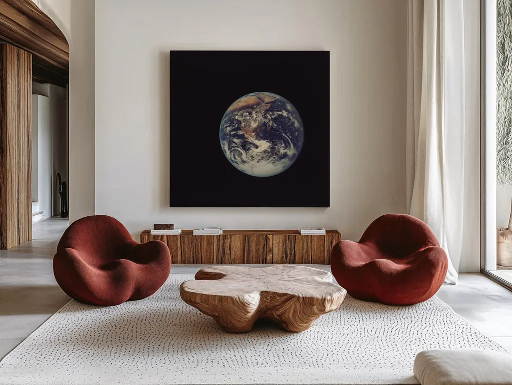 Full Disk Earth by Wild Apple Portfolio. Shown as extra-large giant wall art in a modern living room. Available as an archival giclee rolled canvas, fine art paper, or poster print. SKU 84533a.