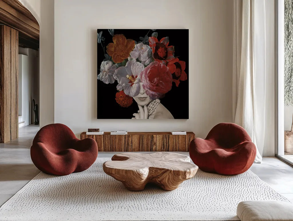 Garden Party II Black Crop by Wild Apple Portfolio. Shown as extra-large giant wall art in a modern living room. Available as an archival giclee rolled canvas, fine art paper, or poster print. SKU 88447a.