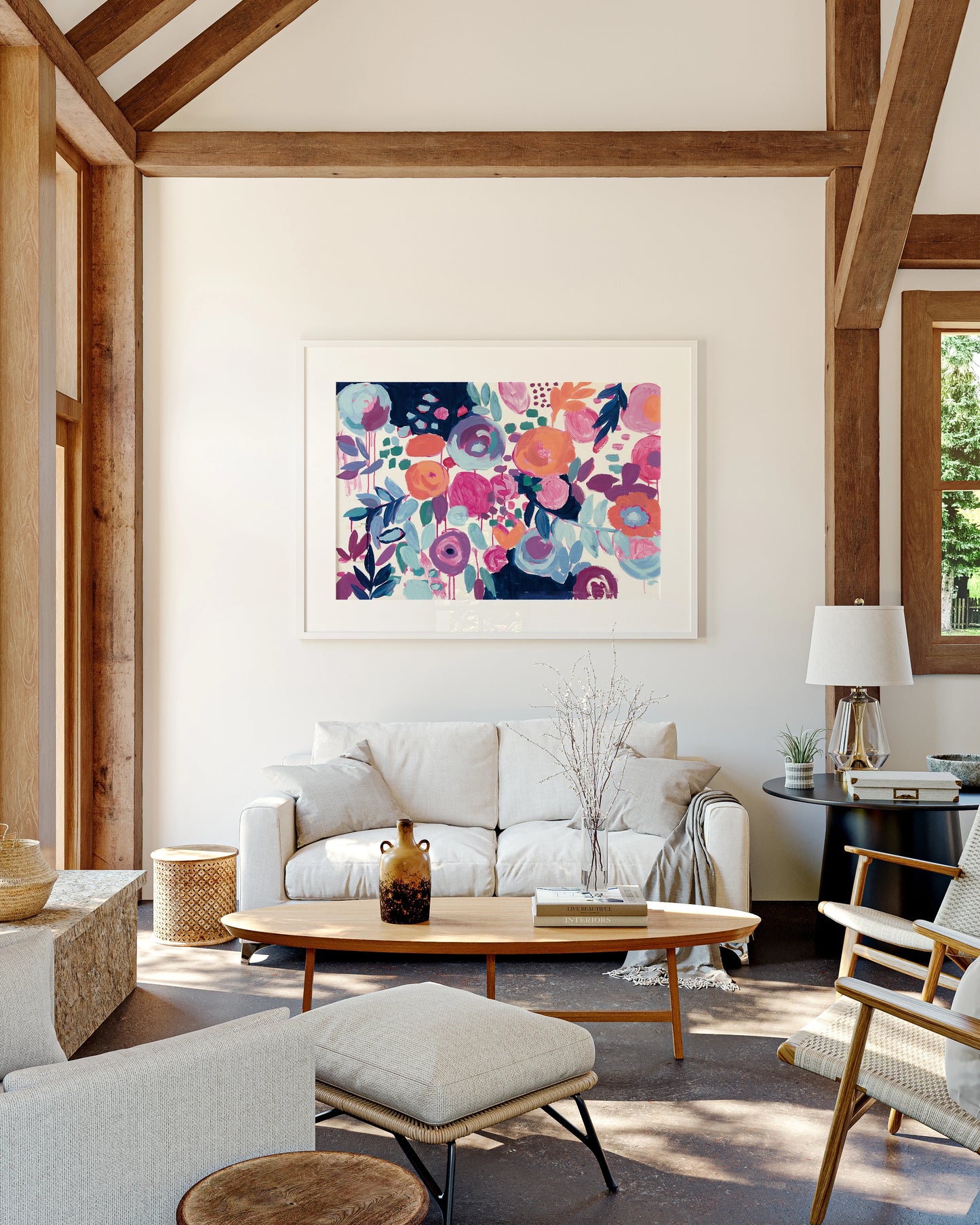 Garden Riot by Wild Apple Portfolio. shown as a white framed print in a living room above couch. Available as a archival giclee rolled canvas, fine art paper, or poster print. SKU 21365i.