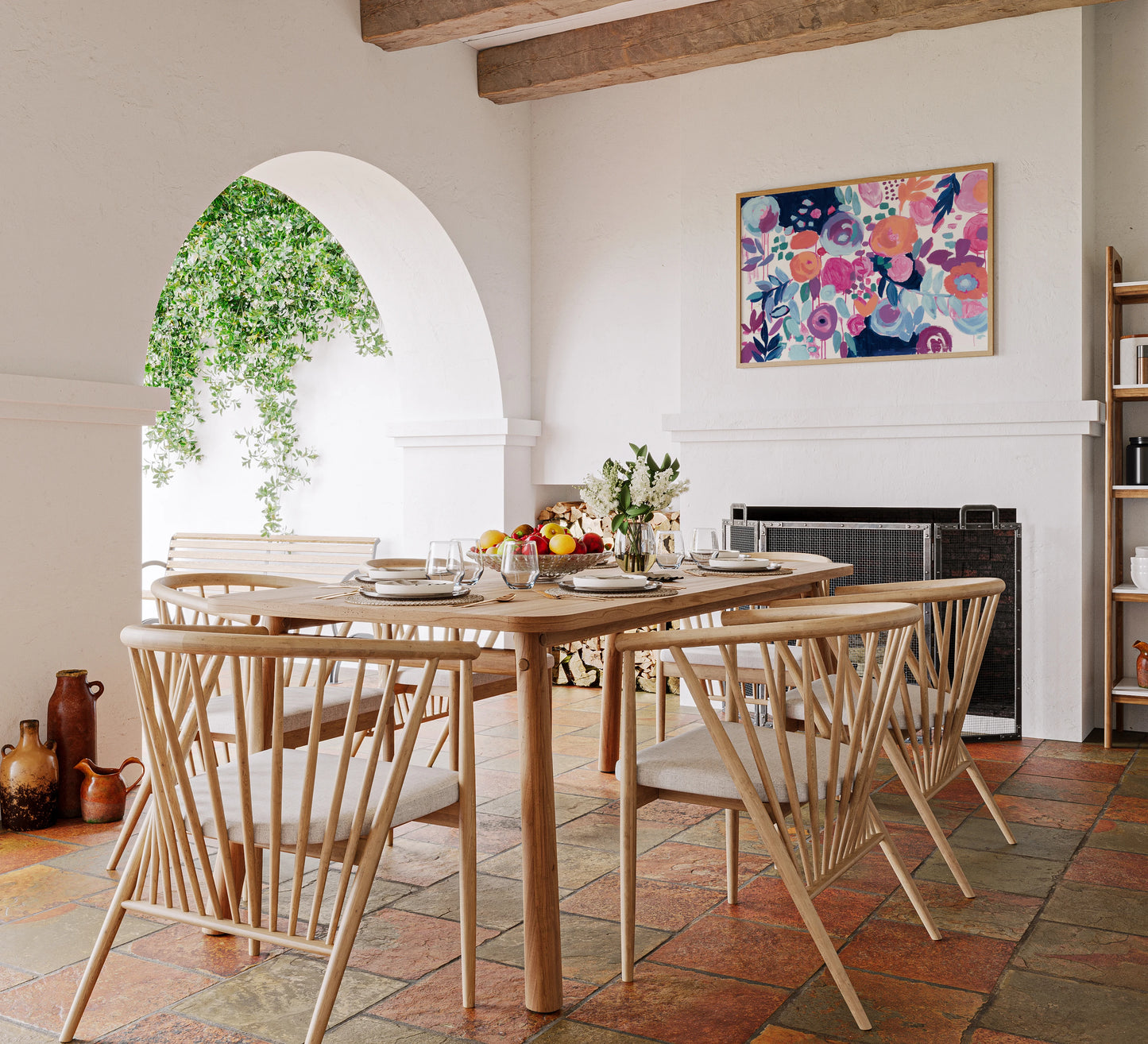 Garden Riot by Wild Apple Portfolio. shown as a print in a natural wood frame in a dining room. Available as a archival giclee rolled canvas, fine art paper, or poster print. SKU 21365i.