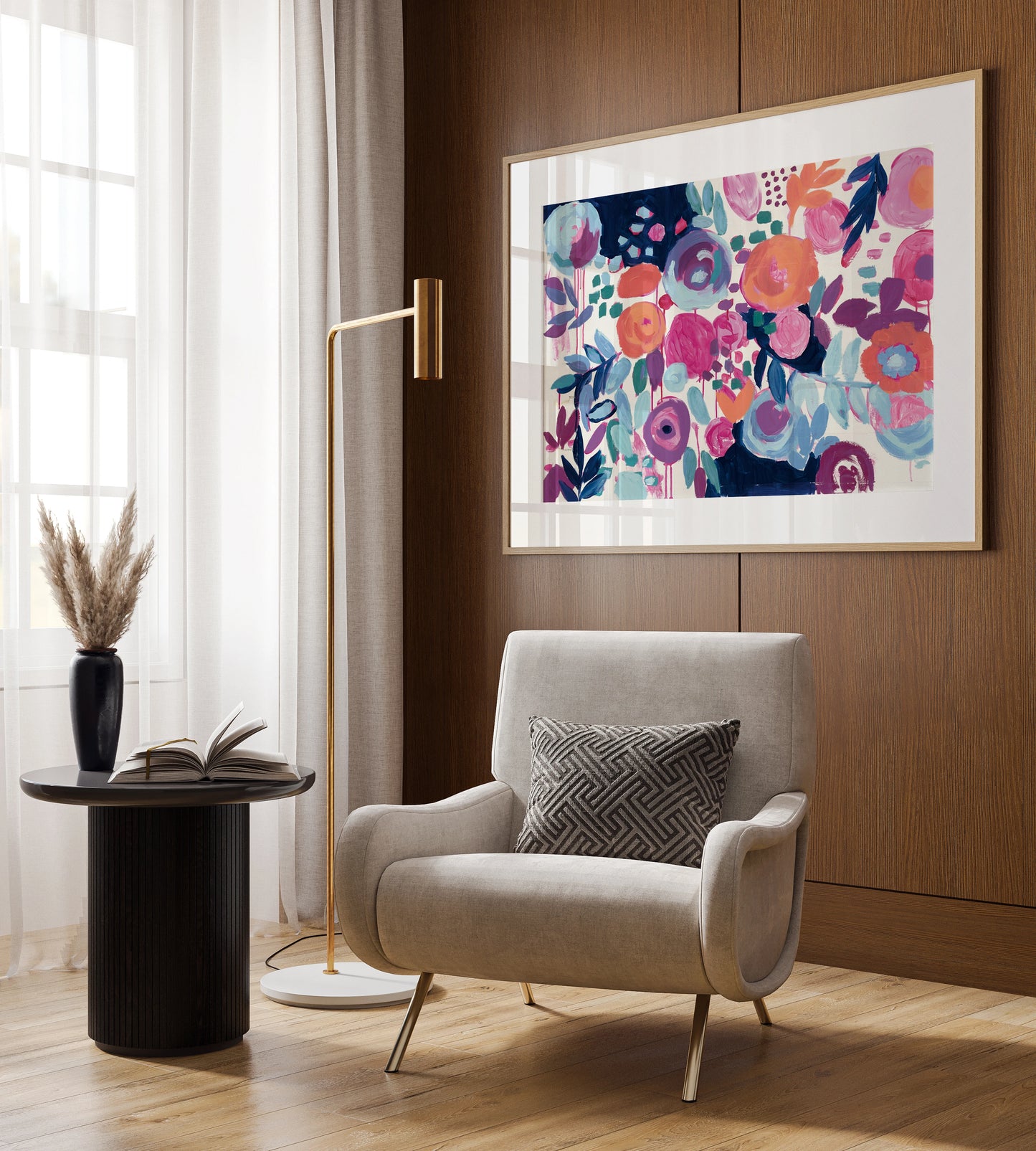 Garden Riot by Wild Apple Portfolio. shown as a print in a natural wood frame in a hospitality setting. Available as a archival giclee rolled canvas, fine art paper, or poster print. SKU 21365i.