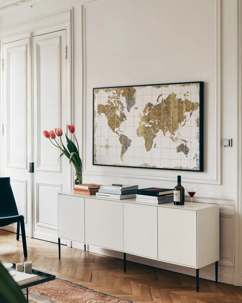 Gilded Map by Wild Apple Portfolio. shown as a framed stretched canvas in a living room above a console. Available as a archival giclee rolled canvas, fine art paper, or poster print. SKU 17018i.