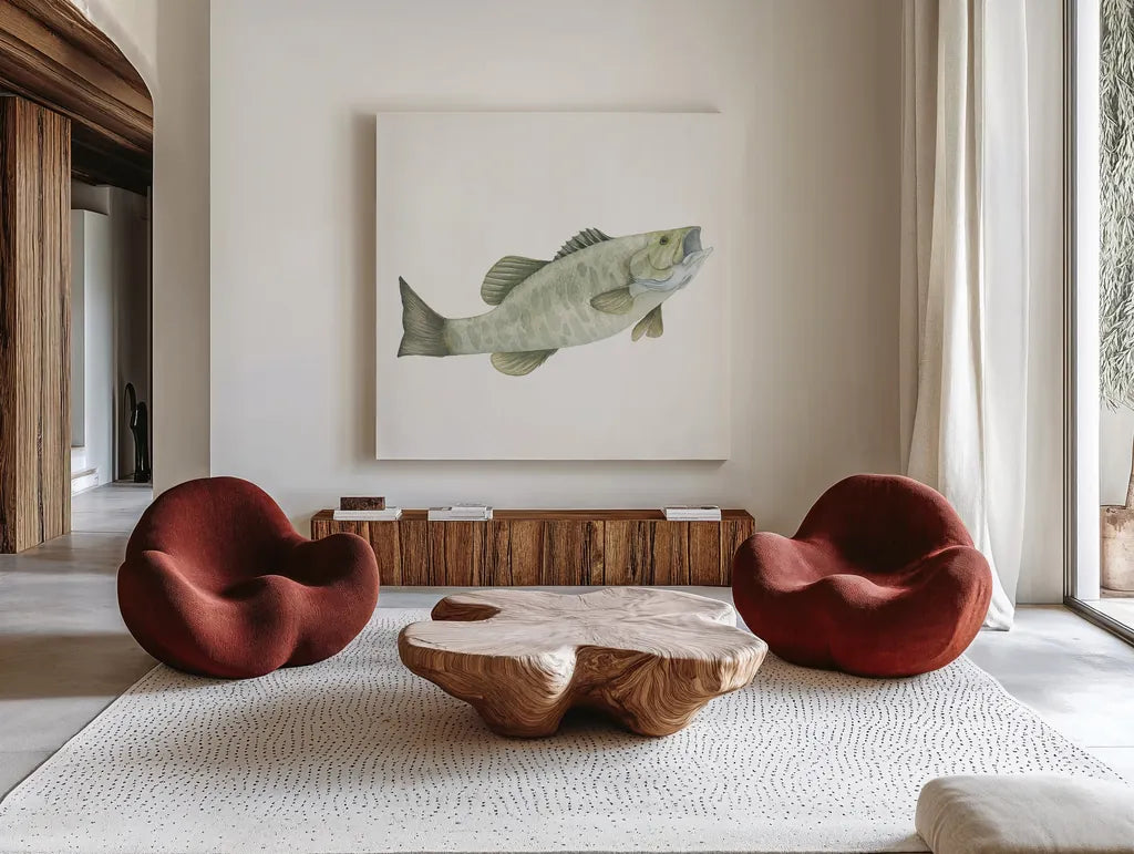 Gone Fishin Small Mouth by Wild Apple Portfolio. Shown as extra-large giant wall art in a modern living room. Available as an archival giclee rolled canvas, fine art paper, or poster print. SKU 34833a.