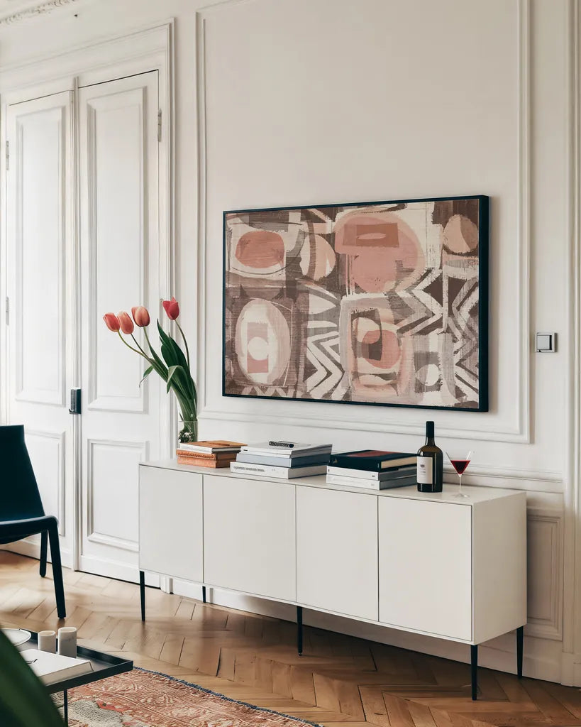 Graphic Abstract III Blush by Wild Apple Portfolio. shown as a framed stretched canvas in a living room above a console. Available as a archival giclee rolled canvas, fine art paper, or poster print. SKU 82382i.