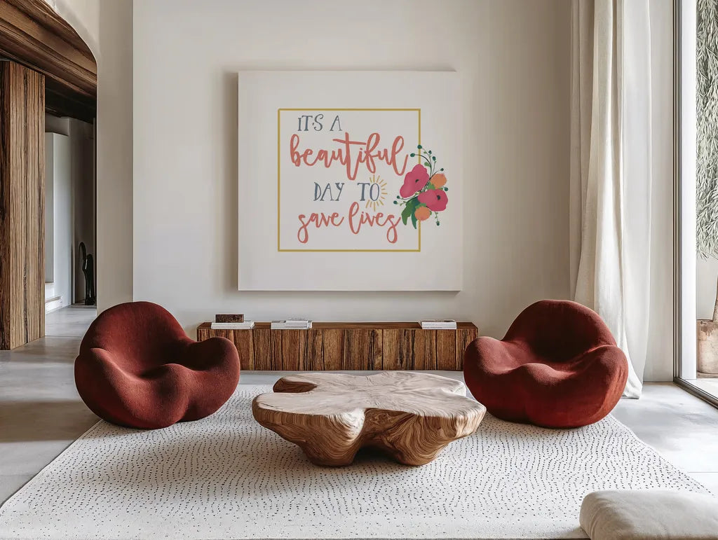 Harriet Floral Nurse Inspiration I by Wild Apple Portfolio. Shown as extra-large giant wall art in a modern living room. Available as an archival giclee rolled canvas, fine art paper, or poster print. SKU 57248a.