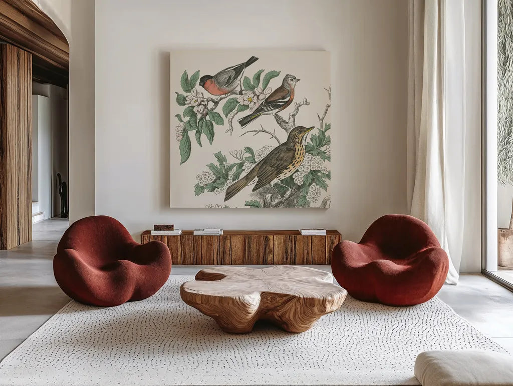Honeybloom Bird IV by Wild Apple Portfolio. Shown as extra-large giant wall art in a modern living room. Available as an archival giclee rolled canvas, fine art paper, or poster print. SKU 89361a.
