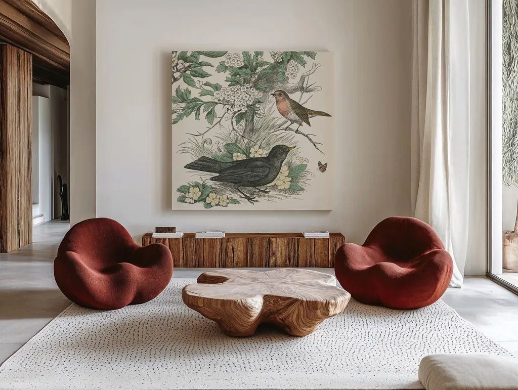 Honeybloom Bird V by Wild Apple Portfolio. Shown as extra-large giant wall art in a modern living room. Available as an archival giclee rolled canvas, fine art paper, or poster print. SKU 89362a.