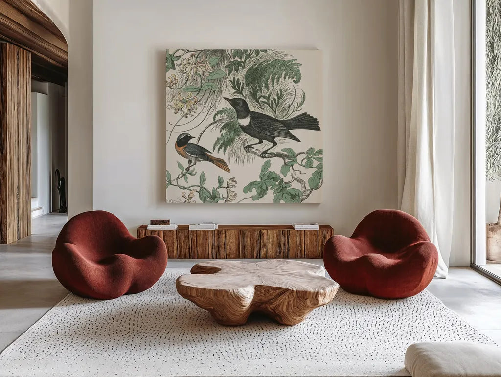 Honeybloom Bird VI by Wild Apple Portfolio. Shown as extra-large giant wall art in a modern living room. Available as an archival giclee rolled canvas, fine art paper, or poster print. SKU 89363a.