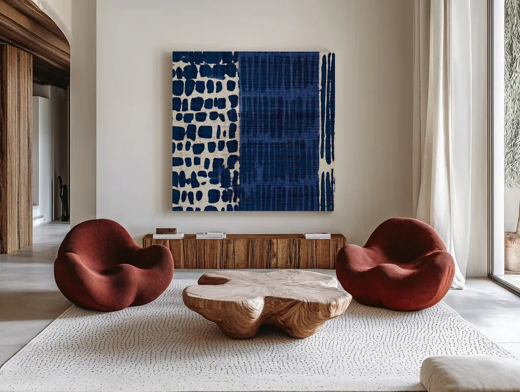 Indigo Batik I by Wild Apple Portfolio. Shown as extra-large giant wall art in a modern living room. Available as an archival giclee rolled canvas, fine art paper, or poster print. SKU 16448a.