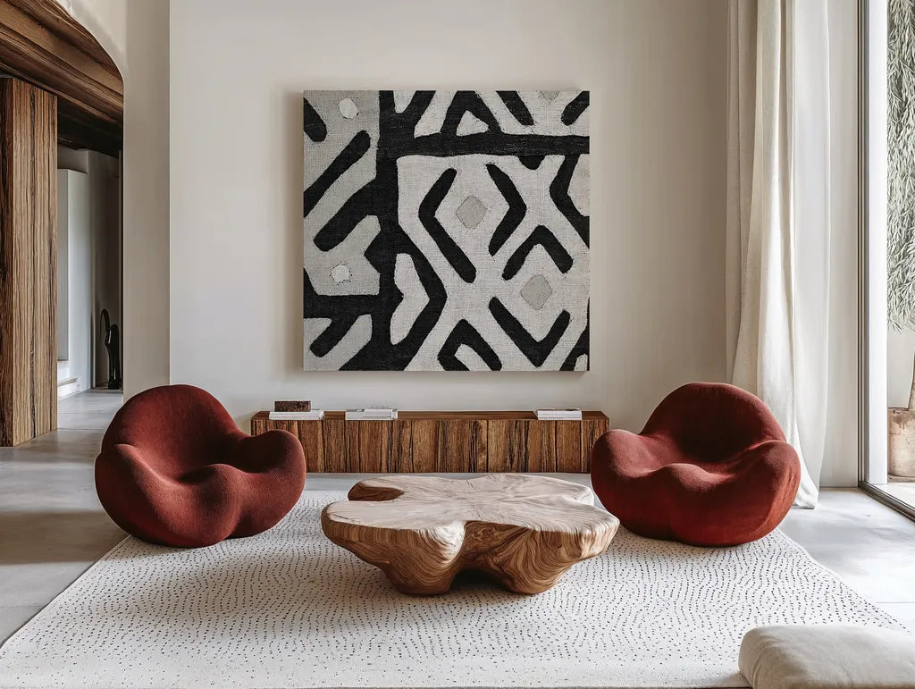 Kuba Cloth I Square I BW by Wild Apple Portfolio. Shown as extra-large giant wall art in a modern living room. Available as an archival giclee rolled canvas, fine art paper, or poster print. SKU 32127a.