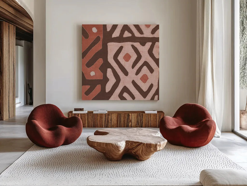 Kuba Cloth I Square I Blush by Wild Apple Portfolio. Shown as extra-large giant wall art in a modern living room. Available as an archival giclee rolled canvas, fine art paper, or poster print. SKU 82168a.